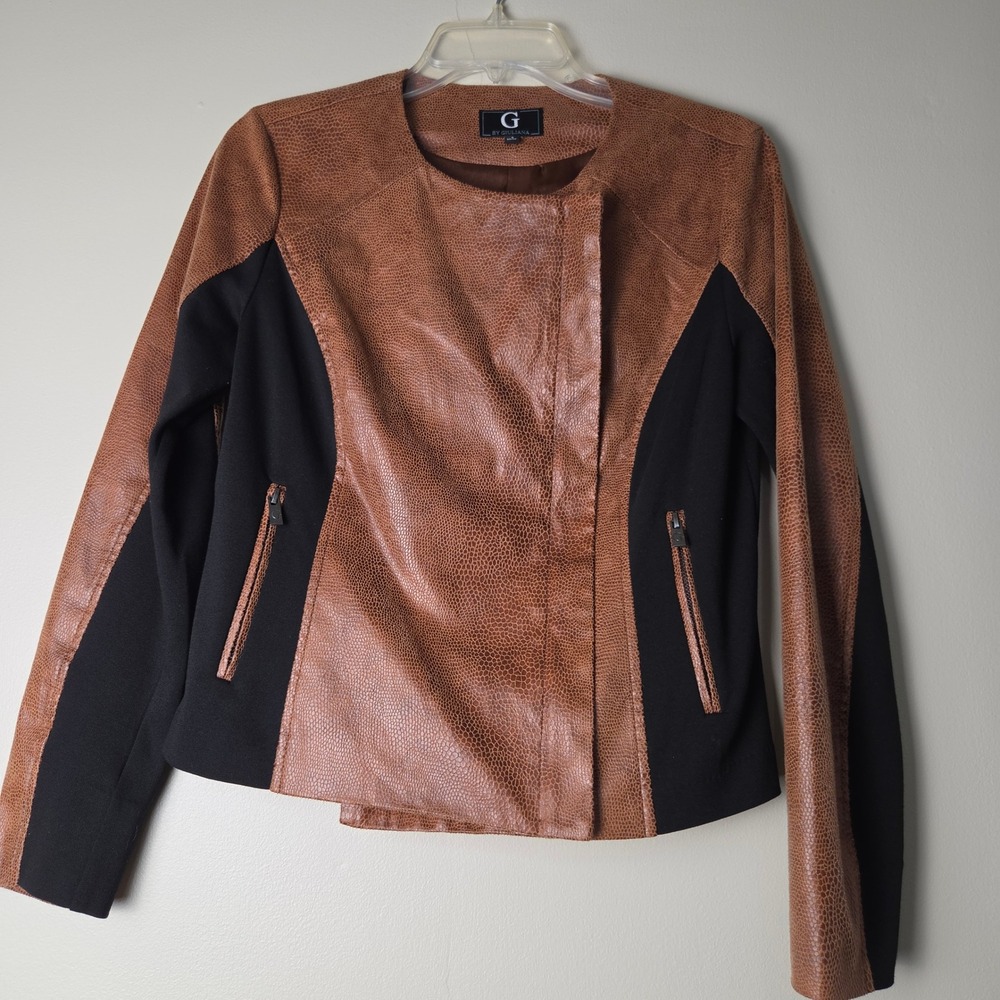 G by Giuliana Womens Small Brown Snake Embossed Faux Leather Mixed Media Jacket